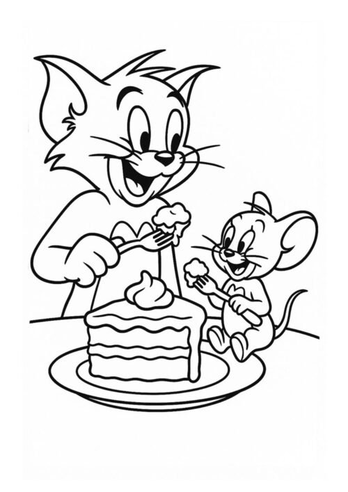 Tom and Jerry Eating Cake Coloring Page For Kids – Free Activity PDF Download