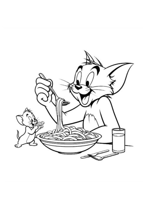 Tom and Jerry Eating Spaghetti Coloring Page For Kids – Free Activity PDF Download