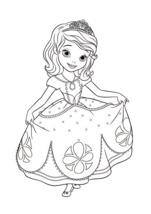 Princess Sofia Holding Her Gown Coloring Page For Kids – Free Activity PDF Download