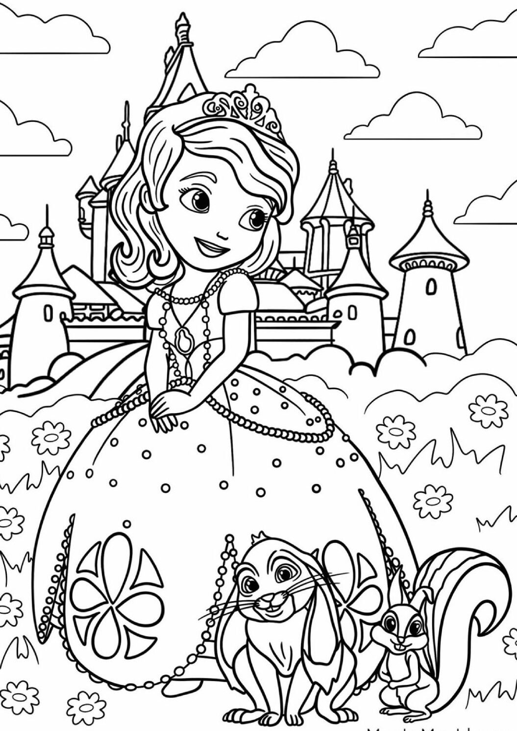 Princess Sofia Royal Garden Scene Coloring Page For Kids – Free Activity PDF Download