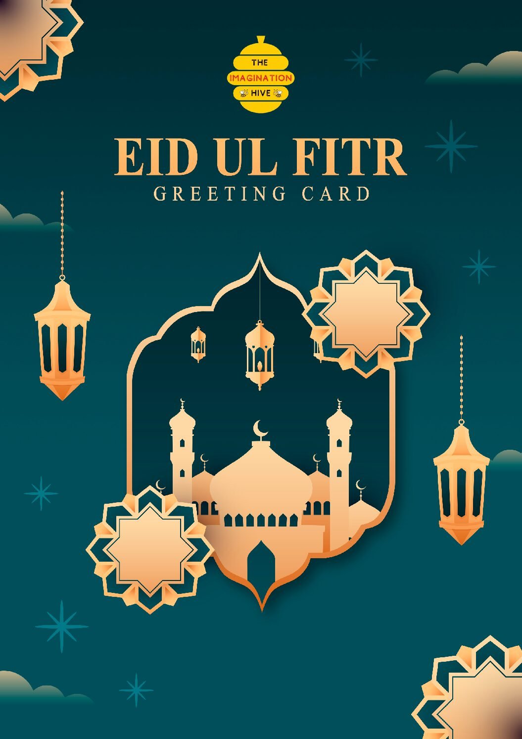 Teal Mosque Lantern Islamic Geometric Eid ul Fitr Greeting Card – Free Greeting Card PDF Download